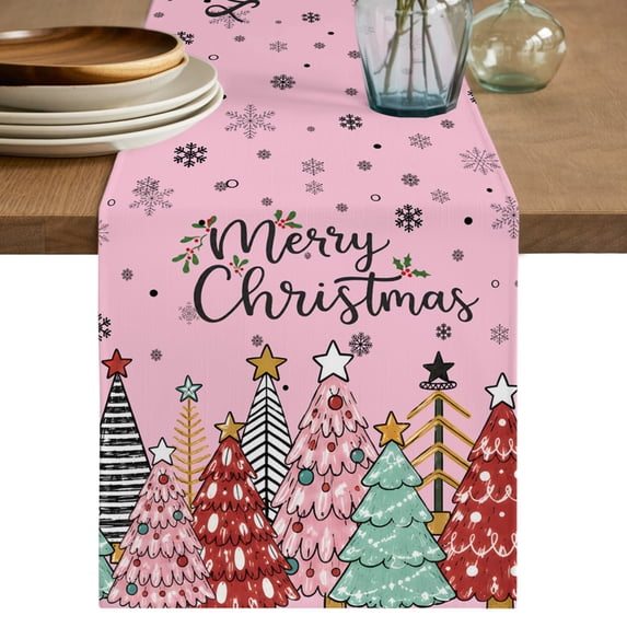 Pink Christmas Trees Table Runner 36 Inches Small - Winter Xmas Colorful Pine Snowflakes Kitchen Dining Burlap Linen Tablerunner for Small/Round/Square/Wedding/Coffee/Dining Table Party 13 x 36