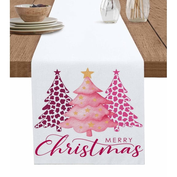 Pink Christmas Trees Table Runner 48 Inches, Leopard Print Xmas Tree Winter Holiday Bed Runner Dresser Scarves Tabletop for Indoor Outdoor Parties/Ceremony/Banquet, 13" x 48"