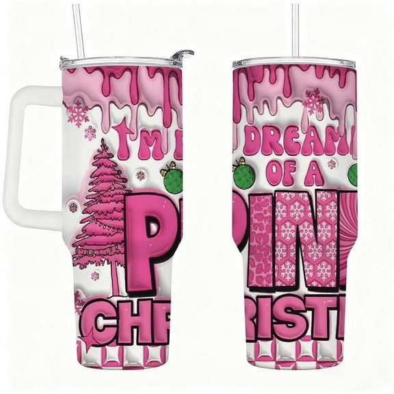 Pink Christmas Tumbler with Lid and Straw, Holiday Tree Print Cup