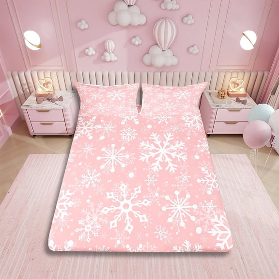 Pink Christmas Twin Bed Sheets Set for Girls Women,Girly Romantic Snowflake Bedding Set for Kids Teens Christmas Bedroom Decor,Princess Winter Modern Pink Floral Flat Fitted Sheet