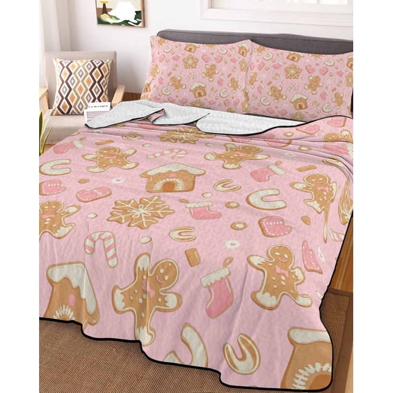 Pink Christmas Twin Size Down Alternative Comforter, Lightweight Comforter Quilt Bedding Set with Pillow Shams Xmas Gingerbread Winter Cane Candy Snowflakes Bed Comforter Duvet Insert 68"x86"