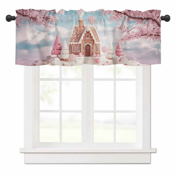 Pink Christmas Valances for Windows Ginger Bread House Candy Xmas Dreamy Snowflake Rod Pocket Curtain Valance Window Treatment Short Curtains for Kitchen Living Room, 60"x14"