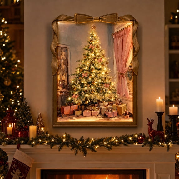 Pink Christmas Wall Art 16x12'', Lighted Gold Bow Framed Painting Wall Decors, Rustic Christmas Decorations for Gift