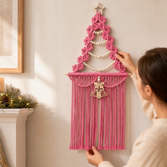 Pink Christmas Wall Decor Macrame Hanging with Handwoven Tassel Tree Shape and Wooden Star, Pink for Girls Room Tapestry