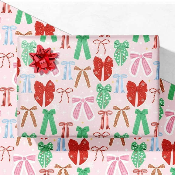 Pink Christmas Wrapping Paper for Girls Women Baby Showers - Holiday Gift Wrap Colorful Bows on Light Pink - 4 Jumbo Sheets (28 x 40 inches), Easy to Store