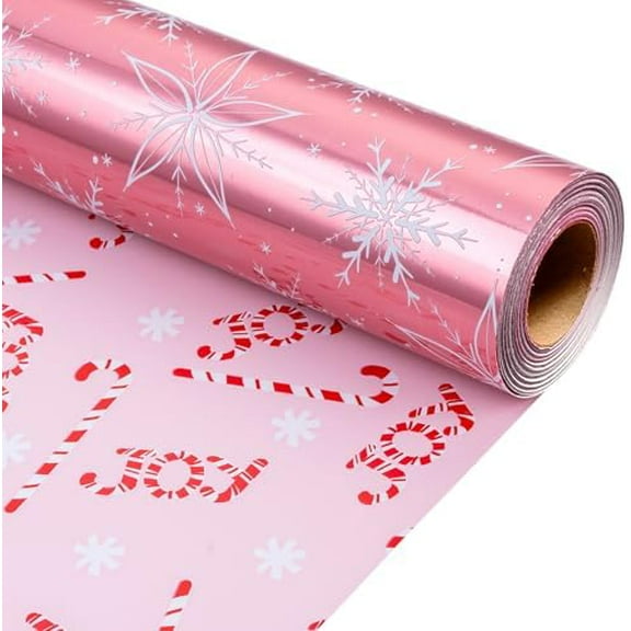 Pink Christmas Wrapping Paper Roll - 17IN X 33FT - Christmas Gift Wrapping Paper Featuring White Snowflake Reversible Candy Cane for Kids, Holiday, New Year