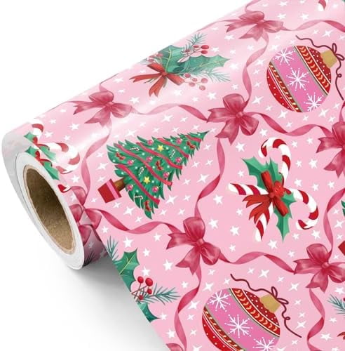 Pink Christmas Wrapping Paper Roll - Mini Roll - 17 Inch x 16.5 Feet ...