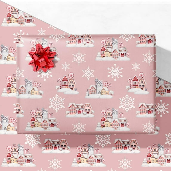 Pink Christmas Wrapping Paper for Girls Women Kids - Holiday Gift Wrap with Winter Houses & Snowflakes - 4 Sheets (28 x 40 inches), Easy to Store