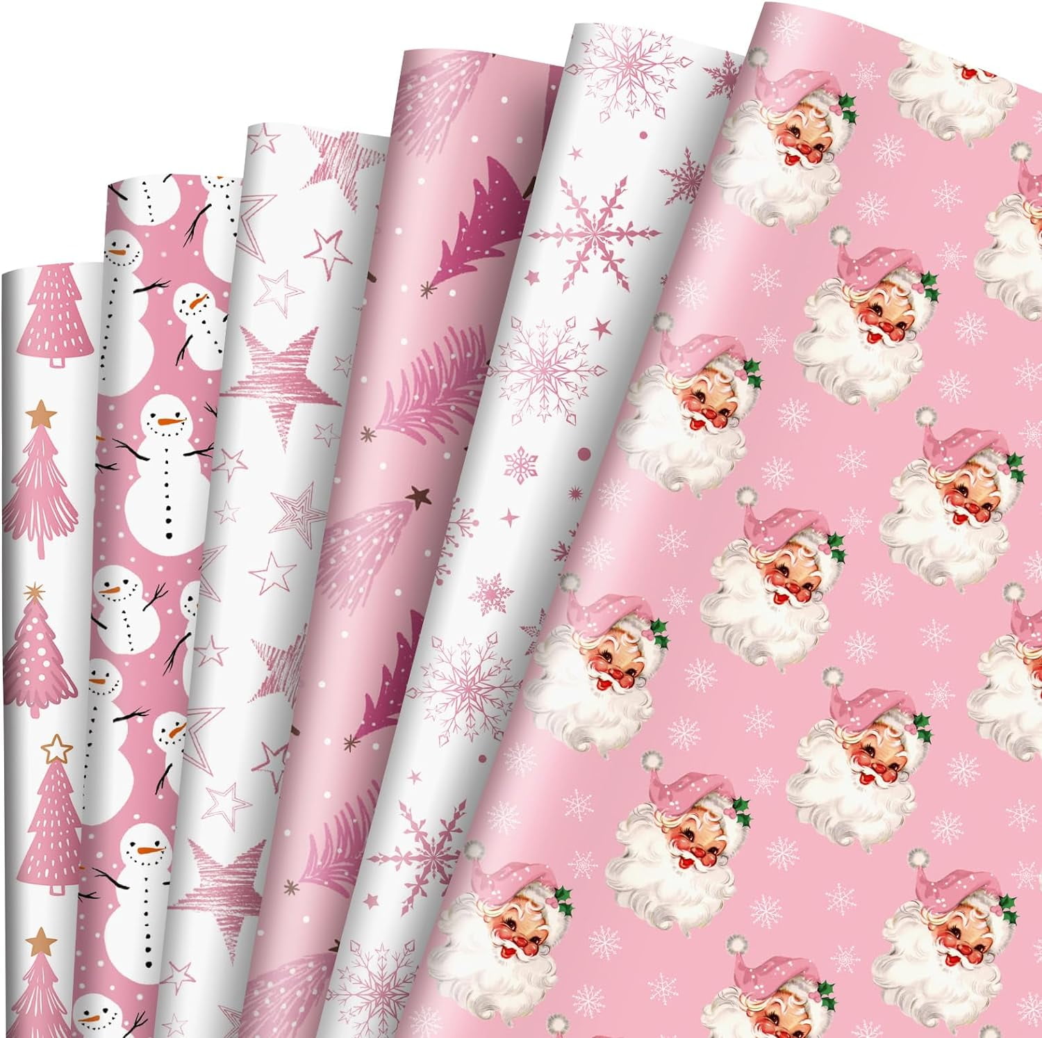 Pink Christmas Wrapping Paper with 6 Festive Designs, 12 Sheets, 19.7 x Pink Christmas Wrapping Paper