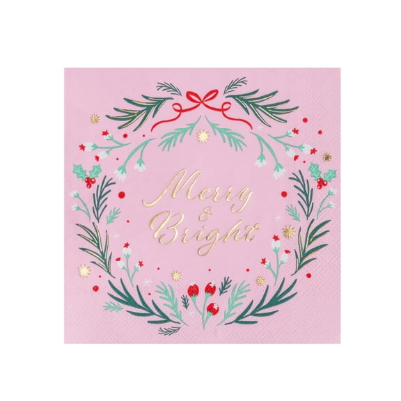 Bonjour Fte Pink Wreath Large Paper Napkins, Disposable Party Supplies, 20 Count, Lunch Size, Christmas