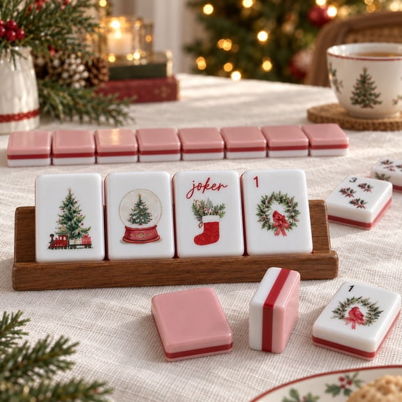 Pink Christmas-themed American Mahjong Set 160 pieces 3 Layer Acrylic Mahjong Tiles, with storage Bag, Suitable for Game Nights and Travel use