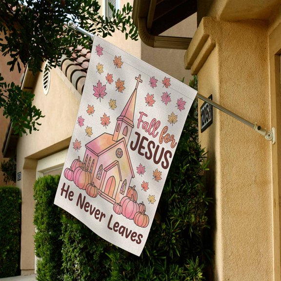 Pink Church Maple Leaf Garden Flag 12" x 18", Double Sided Fall For Jesus Yard Flag, Christian Fall Church Outdoor Decor for Porch Lawn Patio Garden