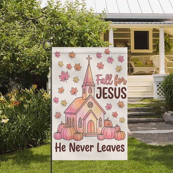 Pink Church Maple Leaf House Flag 28" x 40", Double Sided Fall For Jesus Yard Flag, Christian Fall Church Outdoor Decor for Porch Lawn Patio Garden