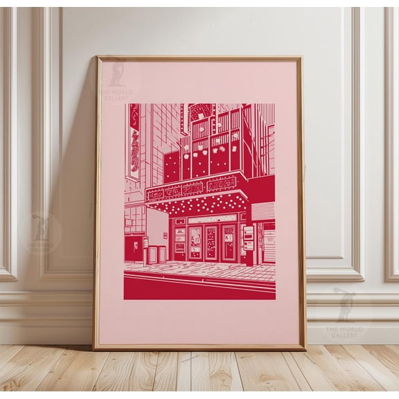Pink Cinema Facade Minimal Urban Paper Wall Poster Cityscape Decor, Unframed Poster