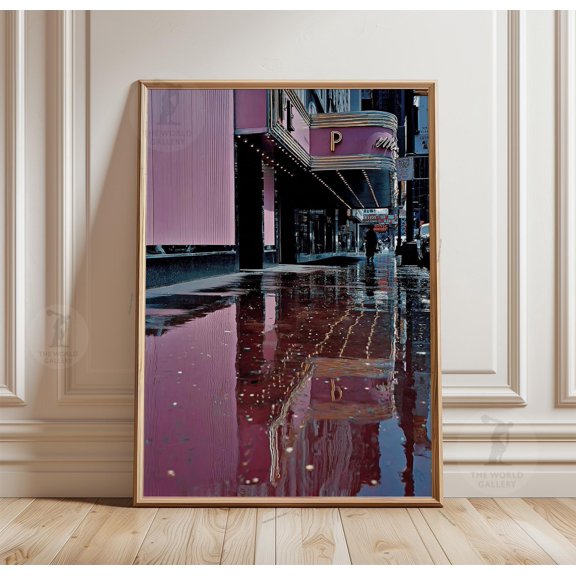 Pink Cinema Street Scene, Urban Paper Poster, Night Reflection Art, Poster Only