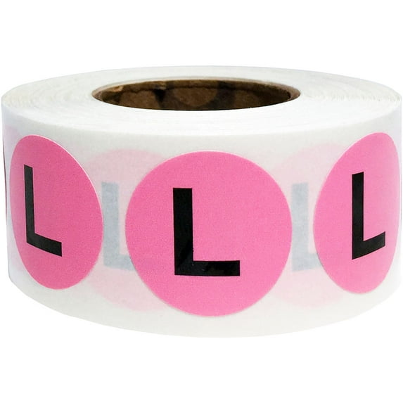 Pink Circle Large L Clothing Size Stickers, 3/4 Inch Round, 500 Labels on a Roll