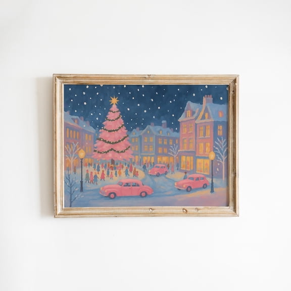 Pink City Poster – Vintageart Poster, Festive Town Square Illustration, Cozy Winter Wall Decor, Unframed Poster Size 12x18