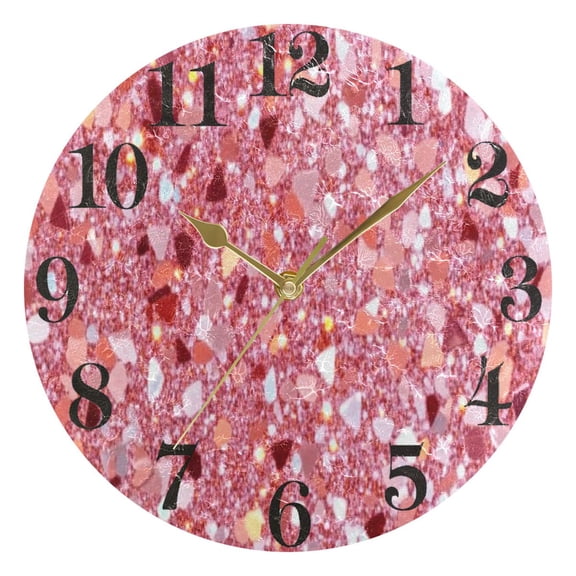 Pink Clastic Gemstone Round Wall Clock Battery Operated Silent Non-Ticking Bedroom Office Kitchen Home School Decor 10"(Gold)