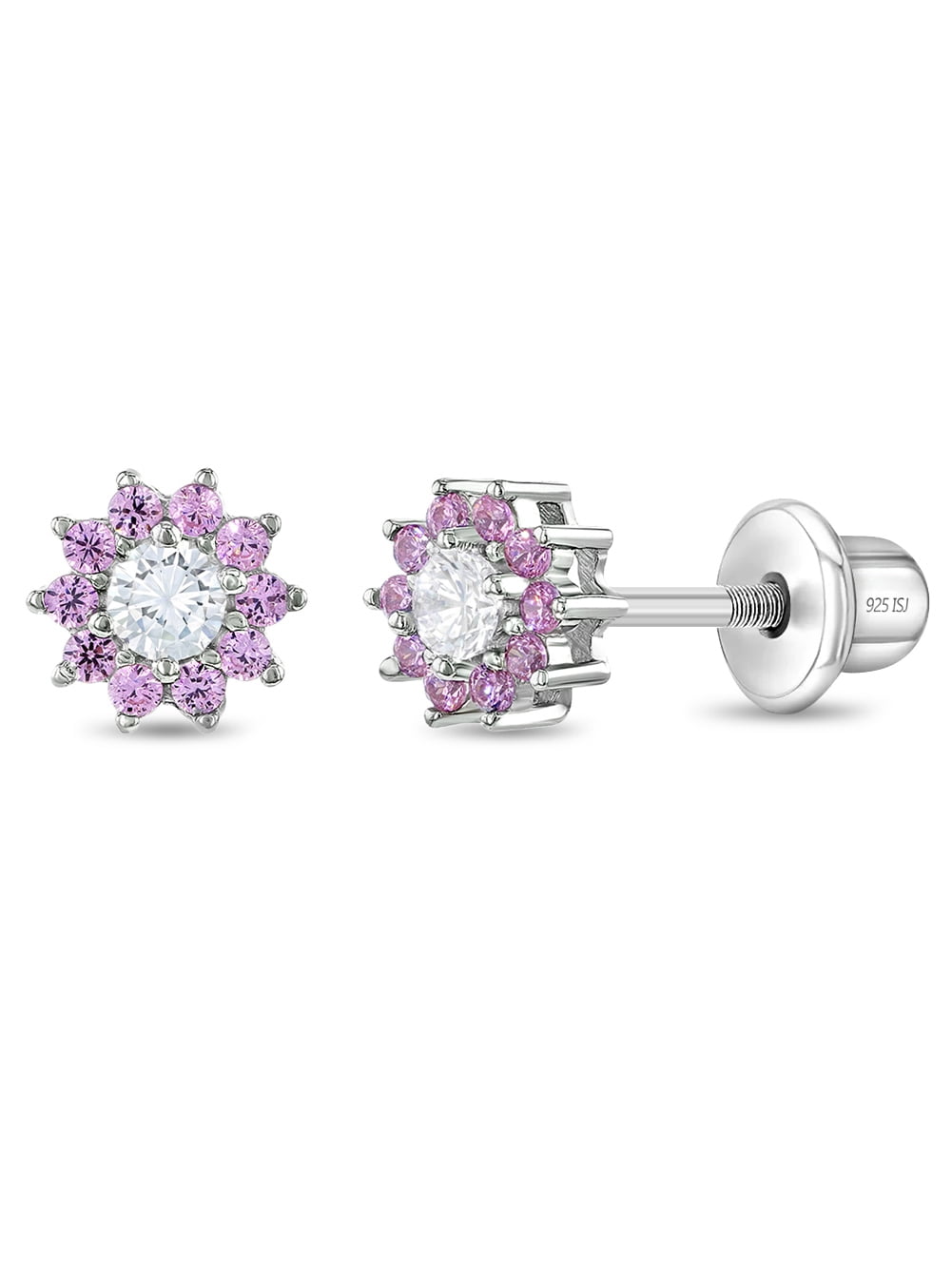 Pink & Clear CZ Flower Kids / Girls Earrings Screw Back - Sterling Silver