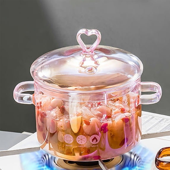 Pink Clear Glass Saucepan with Heart Lid & Handle, 6*4 Inch Stovetop Safe Cookware for Pasta, Soup, Milk & Heating