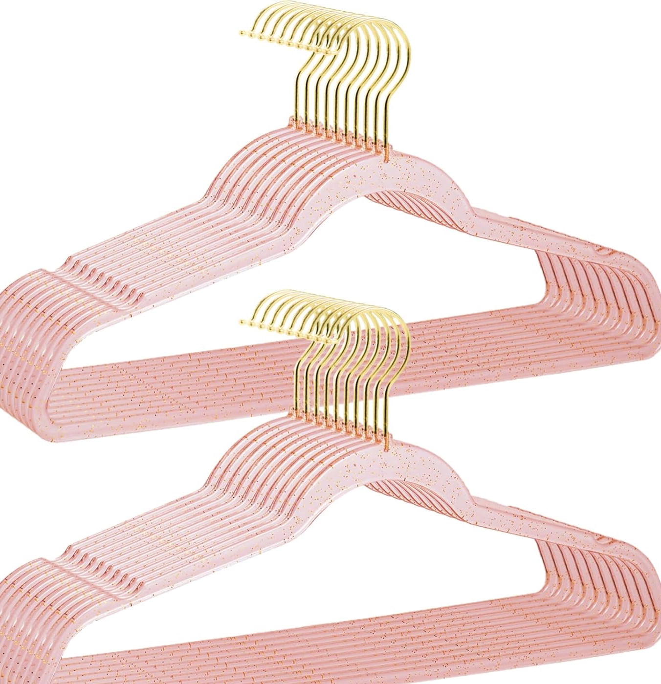 Pink Clothes Hangers, Pack Plastic Clear Coat Hanger for Closet, Durable Bling Ganchos de Ropa with Swivel Hook, Notched Shoulders & Ultra-Thin Space Saving Laundry Hanger for Dress Suits
