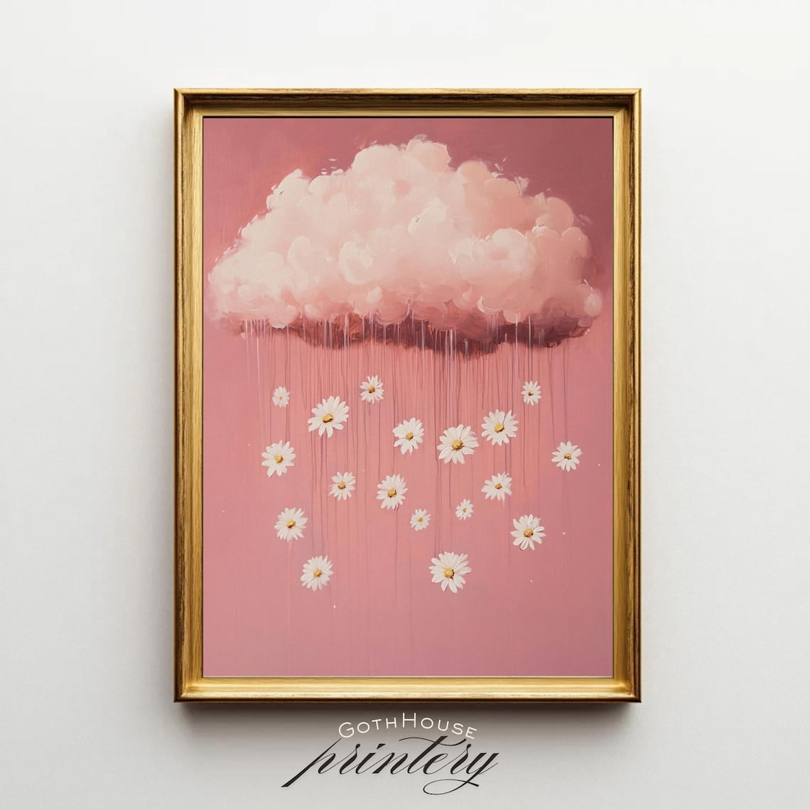 Pink Daisy Print Pink Cloud And Daisy Rain Wall Art Print, Dreamy Pastel Floral Sky And ...