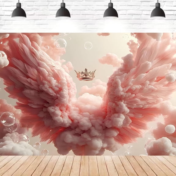 Pink Cloud Angel Wings Backdrop Heaven Sent Baby Shower Crown Princess Background Dreamy Newborn Birthday Wedding Party Decorations Banner Supplies Photo Booth Props