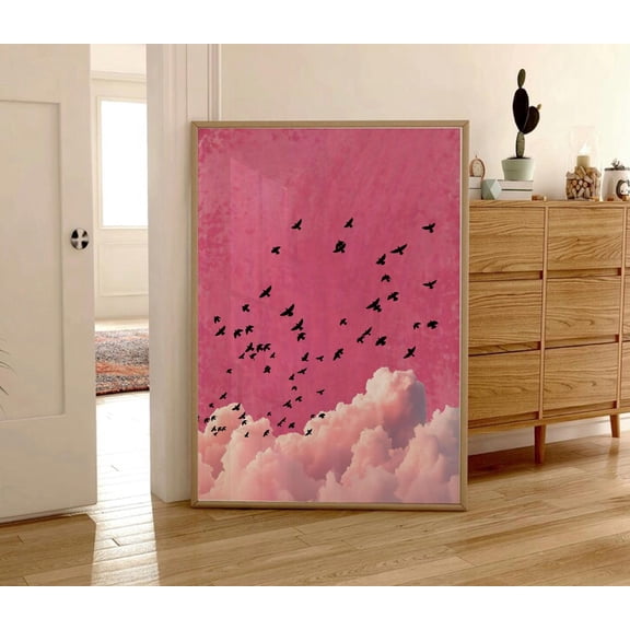 Pink Cloud Birds Poster, Unframed Paper Poster 8x10in
