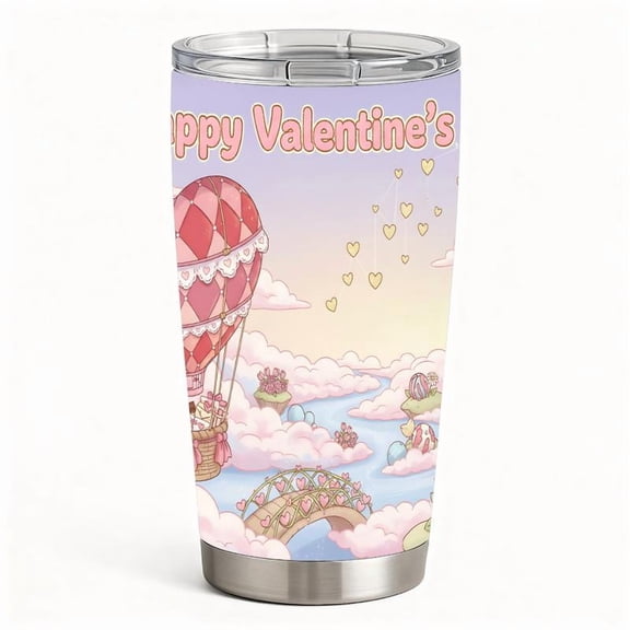 Pink Cloud Fantasy Love Balloon Travel Mug, Stainless Steel Hot Cold Cup with Lid, Romantic Gift for Girlfriend & Wife