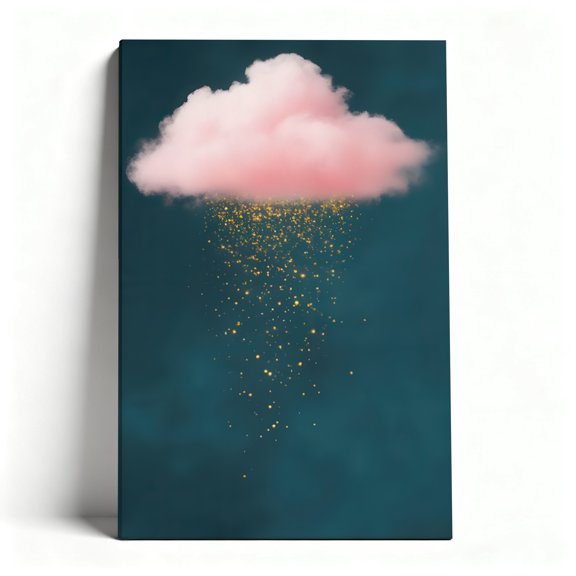 Pink Cloud Golden Sparkle Rain Canvas Wall Art, Dreamy Teal Background Fantasy Decor, Magical Glitter Rain Artwork For Bedroom, Nursery, Living Room, Ready To Hang 8*12inch(20*30cm)