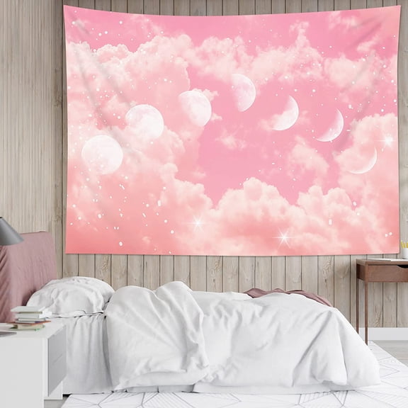 Pink Cloud Moon Phase Tapestry, Pink and White Pastel Cloud with Moon Phase Wall Tapestry for Bedroom, Nature Landscape Wall Art for Living Room Dorm Decor, 80 x 60 Inches