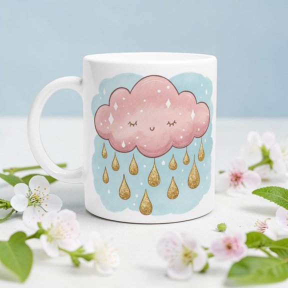 Pink Cloud Mug with Gold Raindrops Whimsil Celestial Coffee Cup.jpg