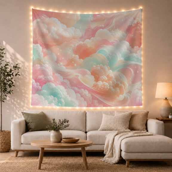 Pink Cloud Nebula with Sparkles and Teal Wisps, Serene Abstract Style for Art Lovers, Cloud Wall Decor, Housewarming Gift, Tapestry Wall Hanging for Bedroom and Dorm