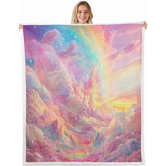Pink Cloud Pattern Fleece Throw Blanket for Kids Girls Astral Rainbow Sherpa Blanket Plush Fuzzy Ultra Soft Outer Space for Bed Couch Chair Living Room Fairyland Star Print 30" x 40"