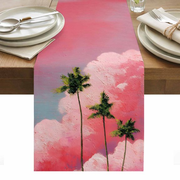 Pink Cloud Table Runner Summer Tropical Palm Trees Oil Paint Art Tablerunners 13 x 36 Inch, Table Decorations Tabletop Scarf for Summer Gathering Holiday Farmhouse Kitchen Dining Decor
