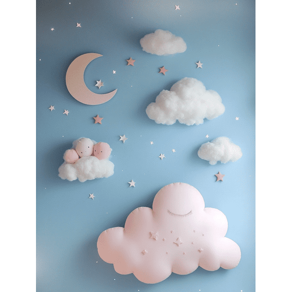 Pink Cloud and Moon Canvas Art Print Suitable for Bedroom Nursery Living Room Girl's Room and Baby Room Decor