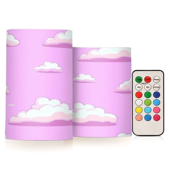 Pink Clouds Flameless LED Candle Set with Remote, Battery Operated Color Changing Pillar Candles, Set of 2