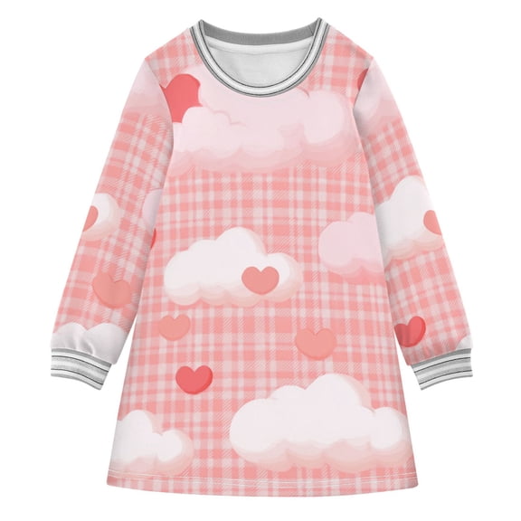 Pink Clouds Hearts Plaids Valentine Theme Long-sleeved Dress A-line One-Piece Dress for 2-8 Years Casual Party 2T