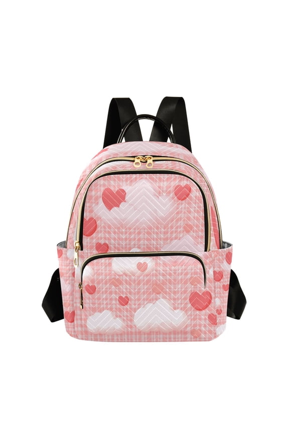 Pink Clouds Hearts Plaids Valentine Theme Quilted Backpack Fashion Daypack Commuter Bag for Women 8.5 L