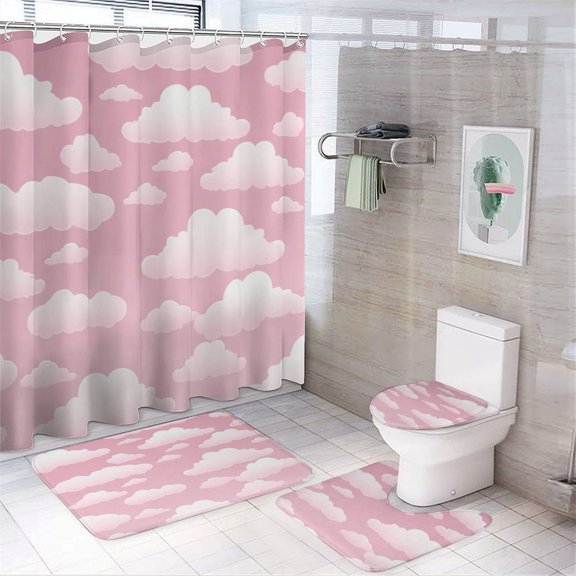 Pink Clouds Shower Curtain 4 Piece Set Shower Curtain And Rugs Shower Curtain Set Girls Cloud Sky Pink Waterproof Shower Curtain for Bathroom Decor