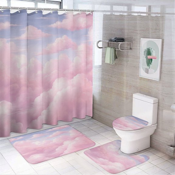 Pink Clouds Shower Curtain Sets 4 Piece with Non-Slip Rugs Toilet Lid Cover And Bath Mat Bathroom Decor Set Girls Cloud Sky Pink Waterproof Durable Bathroom Decor Shower for Bathroom Decor Set