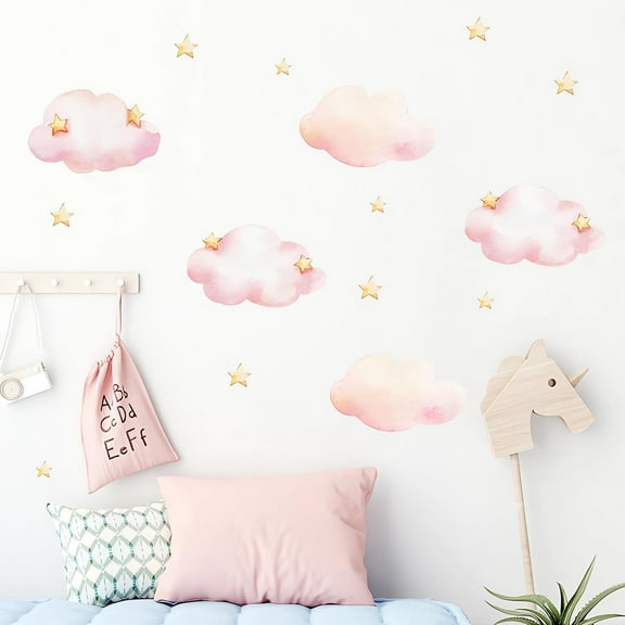 Pink Clouds and Stars Wall Stickers, Cartoon DIY Art Wall Decals Removable Vinyl Peel and Stick for Kids Baby Nursery Living Room Bedroom Children's Room Playroom Decorations