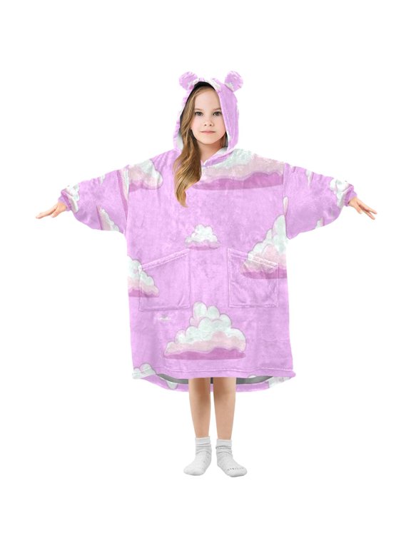 Pink Clouds Wearable Blanket Hoodie Oversize Sherpa Soft Warm Cozy for Kids Ages 3-14