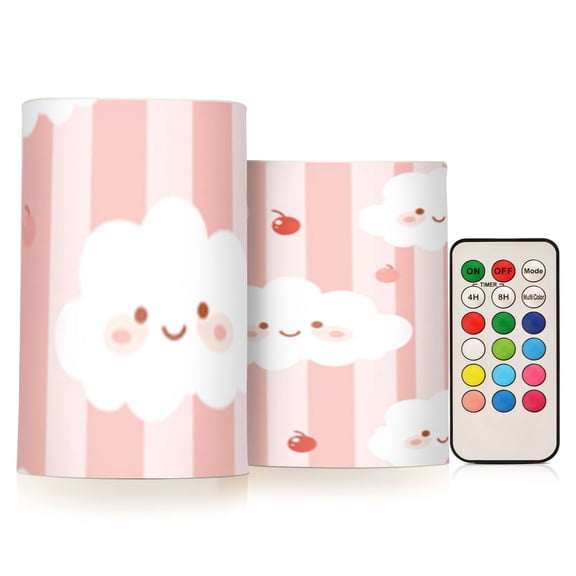Pink Clouds with Cherries Flickering Flameless Candles Battery Operated with Remote Timer LED Pillar Candles Set of 2