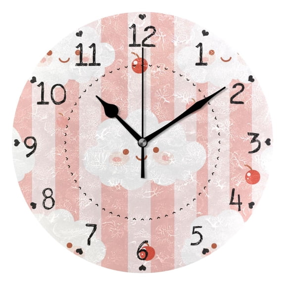 Pink Clouds with Cherries Round Wall Clock Silent Battery Operated Home Decor for Living Room Bedroom