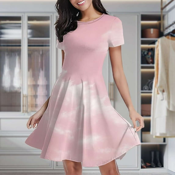 Pink Cloudy Sky Print Women's Classic Swing Skater Dress Casual Work Party Cocktail Dresses