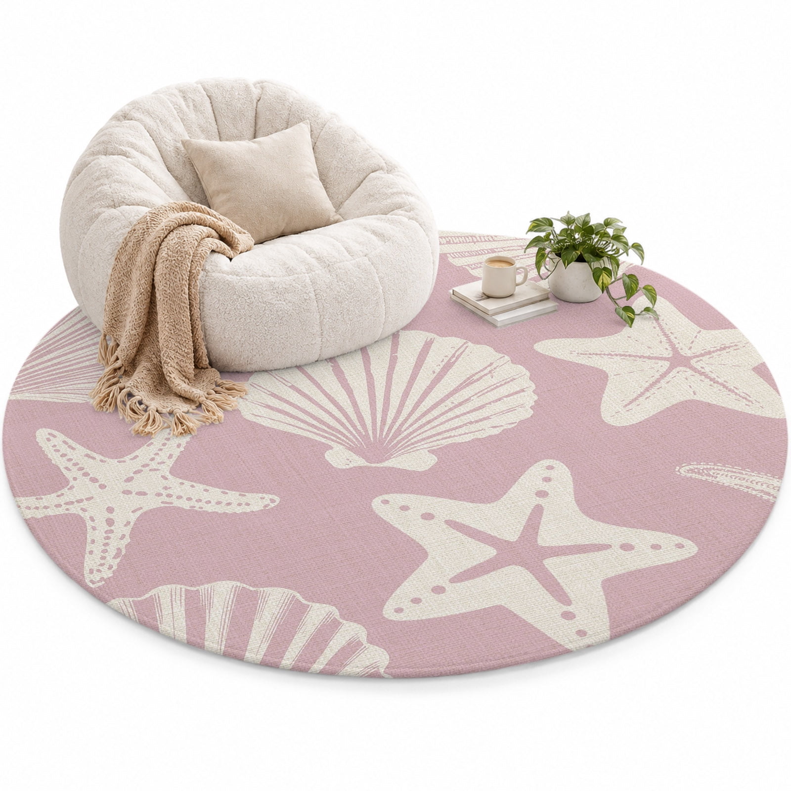 Pink Coastal Area Rug 6', Starfish Shell Ocean Nautical Soft Mat Non ...