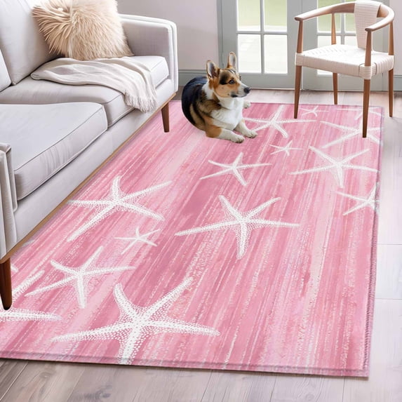 Pink Coastal Area Rugs 2.7'x5', Washable Small Throw Rugs for Kitchen Bedroom, Summer Ocean Waves Ombre Sea Starfish Indoor Outdoor Rug Non-Slip Low Pile Carpet Runner Reversible Floor Mats