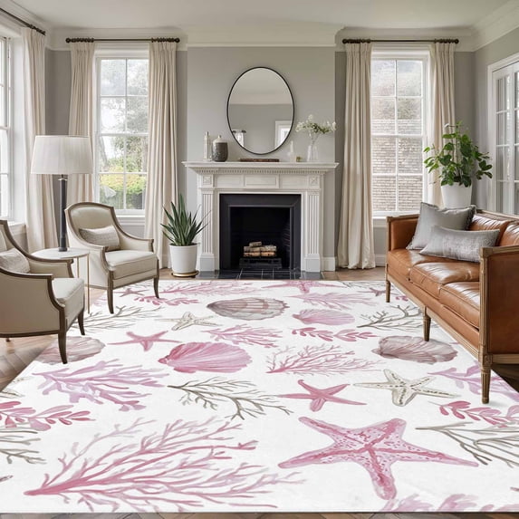 Pink Coastal Area Rugs 5'x7', Washable Small Throw Rugs for Laundry Room Playroom, Beach Nautical Starfish Coral Seashells Indoor Outdoor Rug Non-Slip Low Pile Carpet Runner Reversible Floor Mats