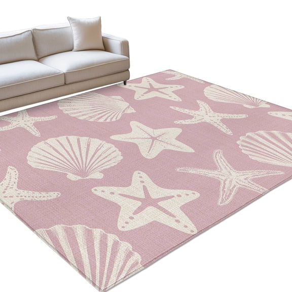 Pink Coastal Area Rugs 5x8ft Starfish Shell Ocean Nautical Floor Rug Non Slip Low Pile Ultra Soft Throw Carpet for Entryway Indoor Entrance Kitchen Bathroom